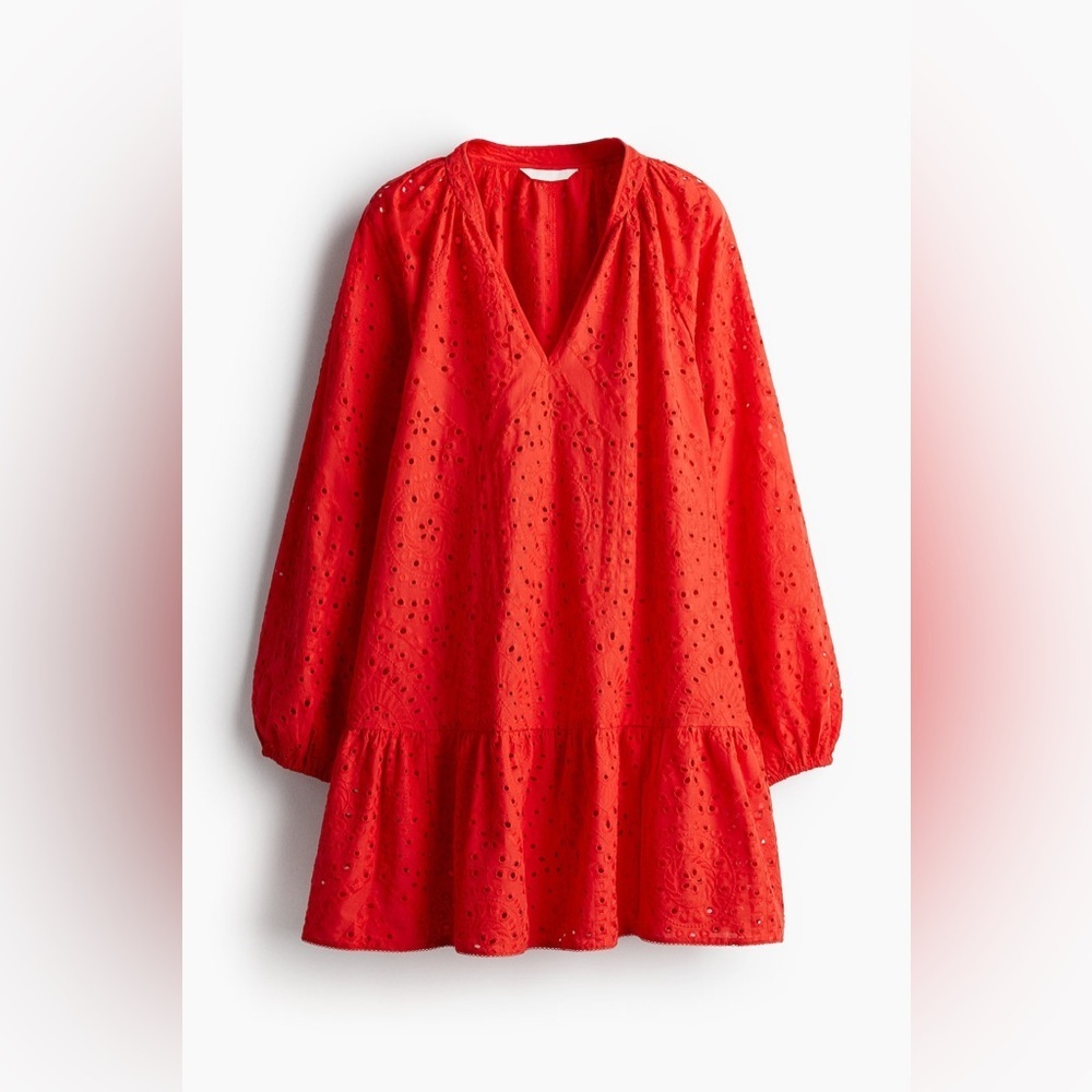 H&M Red Eyelet BRODERIE ANGLAISE Tunic Dress /Coverup Coquette unlined Spring